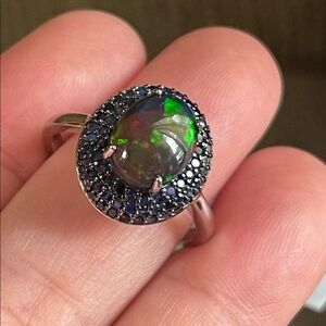 Natural Black Opal Cabochon Halo Ring Natural Blue Sapphire 925 Silver Size 8